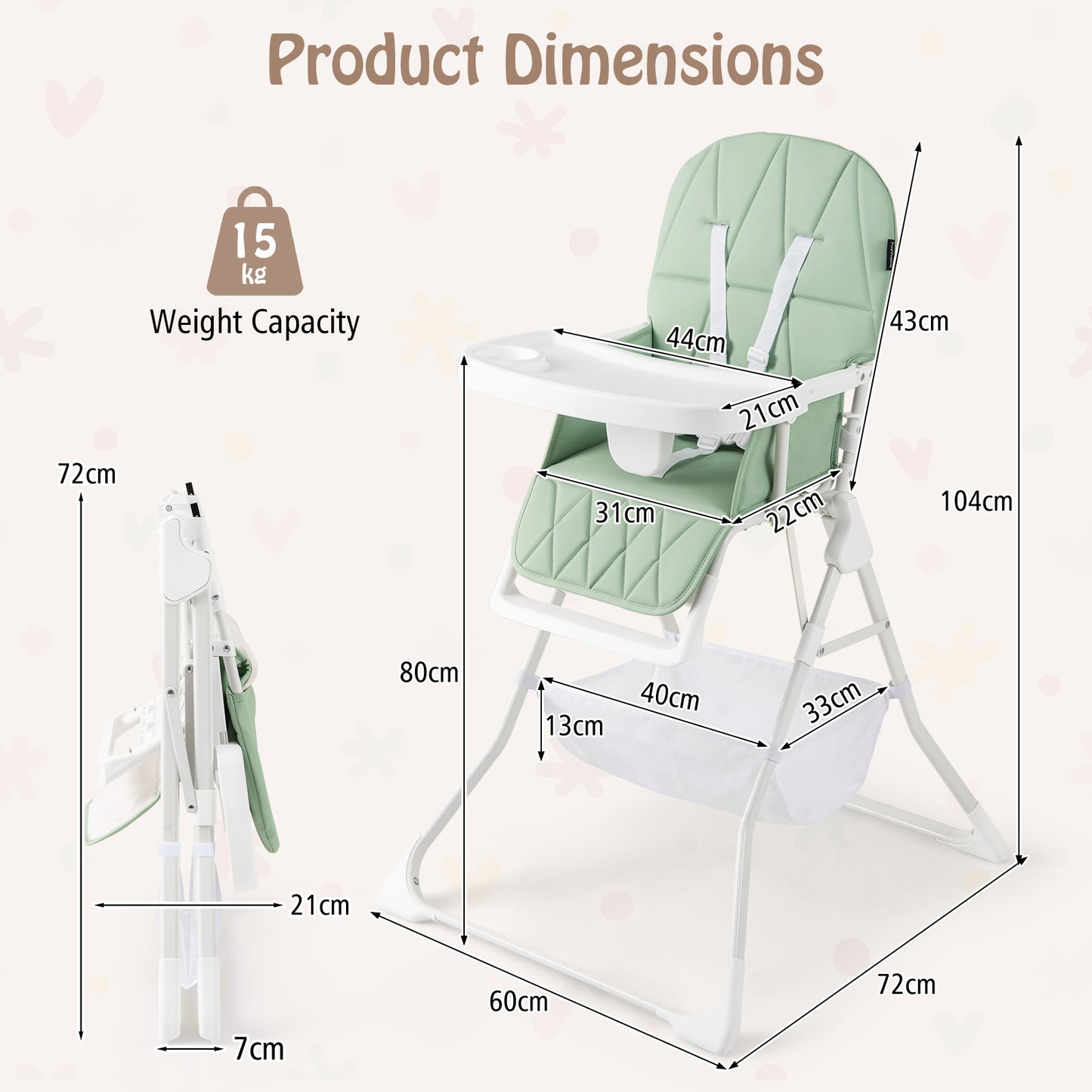 Portable High Chair with 3-Level Adjustable Tray and Footrest-Green