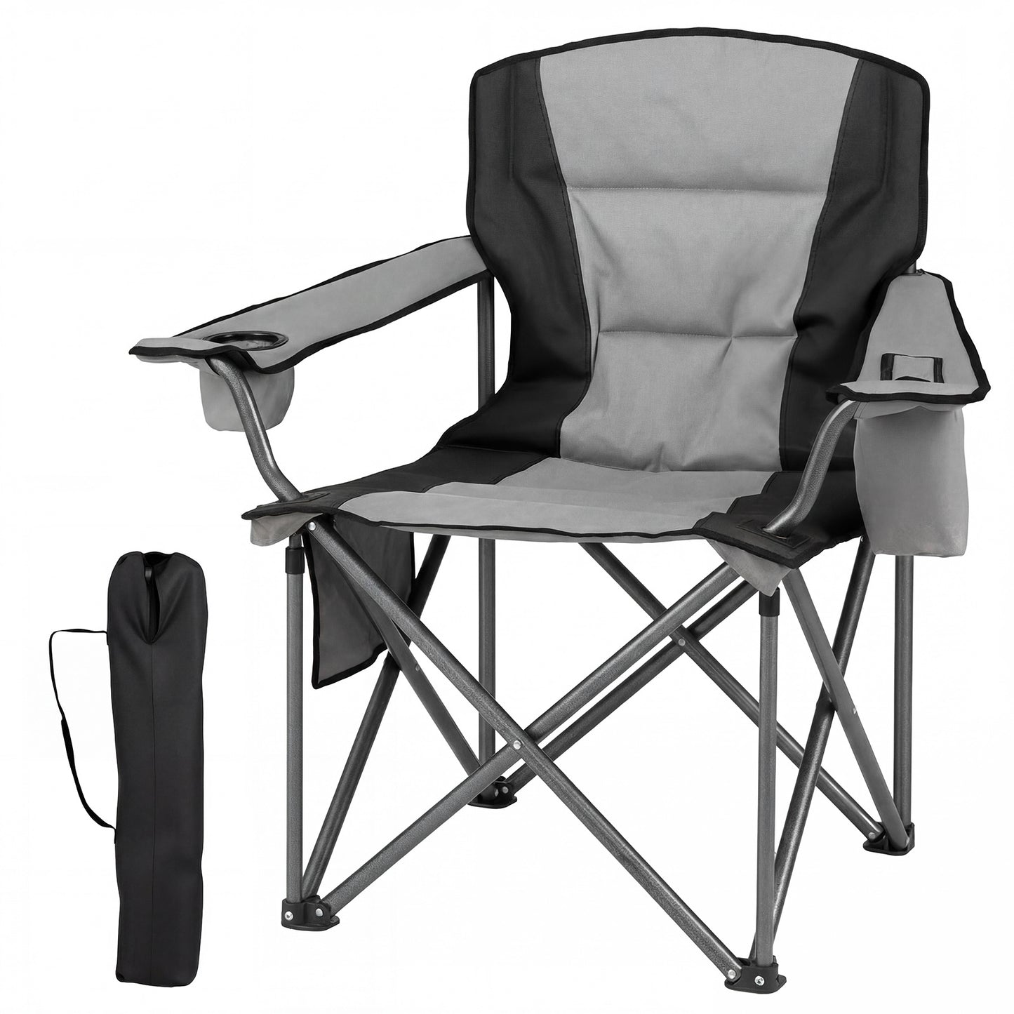 Portable Oversized Camping Chair with Zippered Cooler Pouch and Cup Holder-Grey