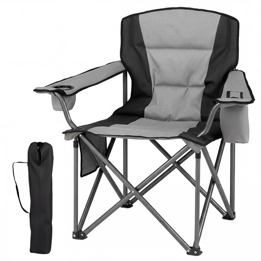 Portable Oversized Camping Chair with Zippered Cooler Pouch and Cup Holder-Grey