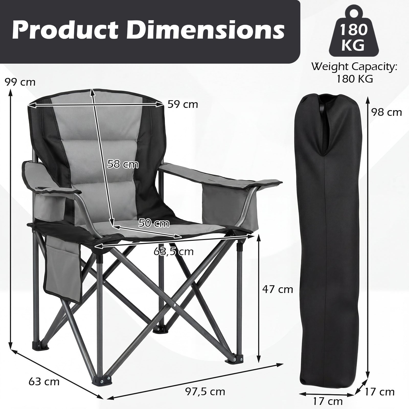 Portable Oversized Camping Chair with Zippered Cooler Pouch and Cup Holder-Grey