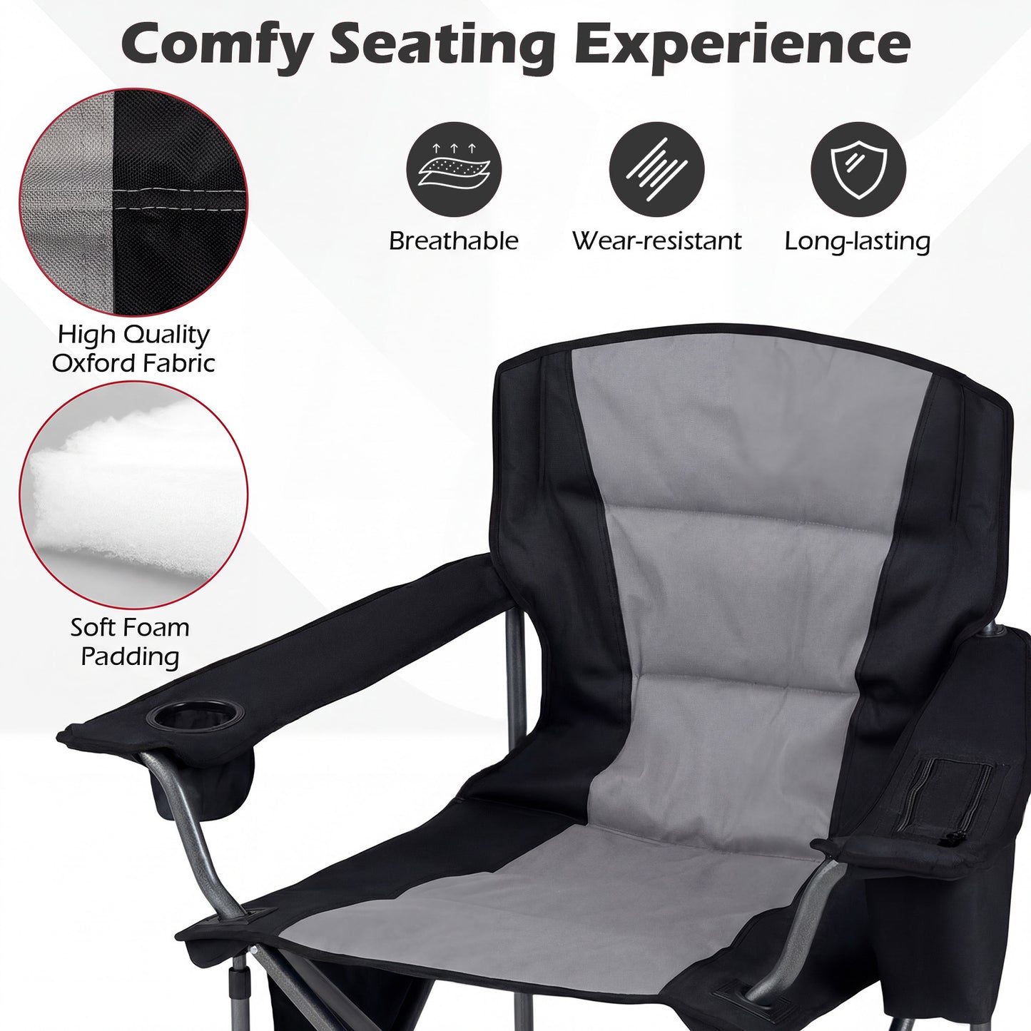 Portable Oversized Camping Chair with Zippered Cooler Pouch and Cup Holder-Grey