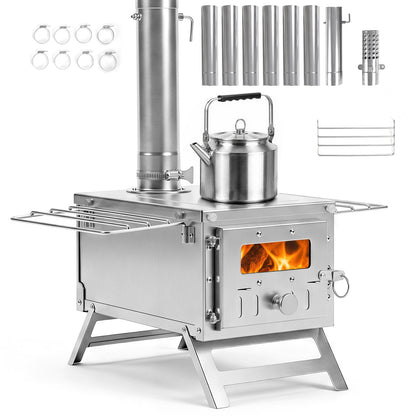 Portable Wood Burning Stove with 7 Chimney Pipes and Spark Arrestor-Silver