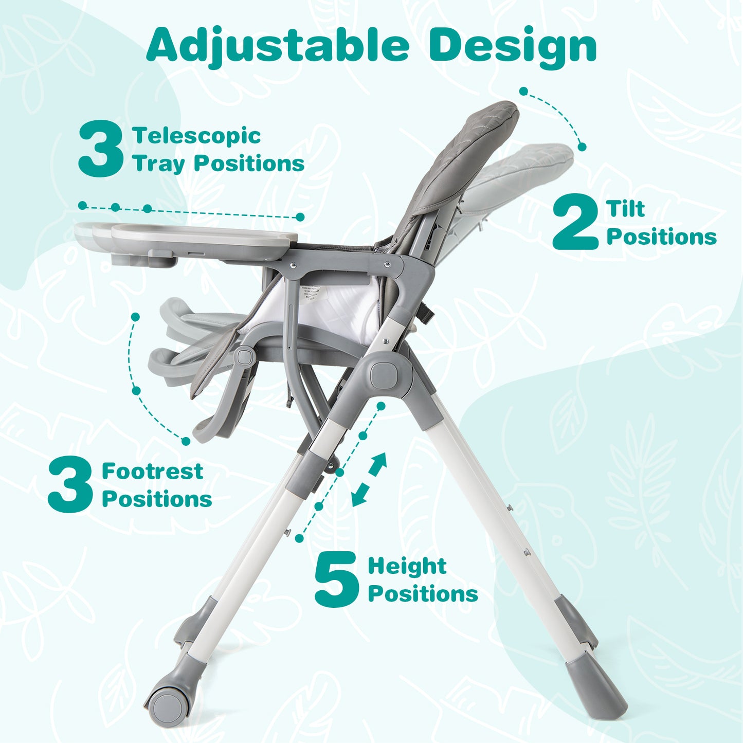 Portable Adjustable Highchair with Footrest and Detachable Tray for Babies-Grey