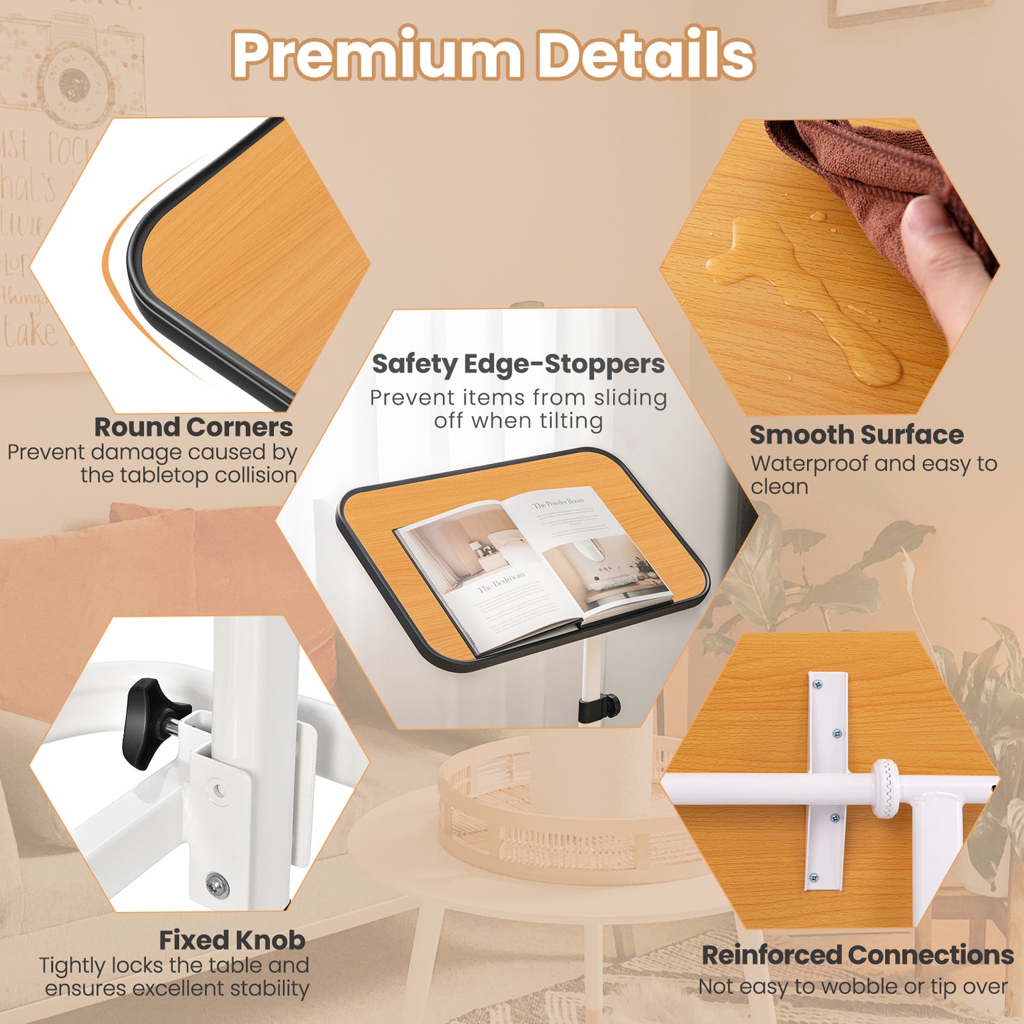 Portable Bedside Table with 9 Level Adjustable Height-Natural