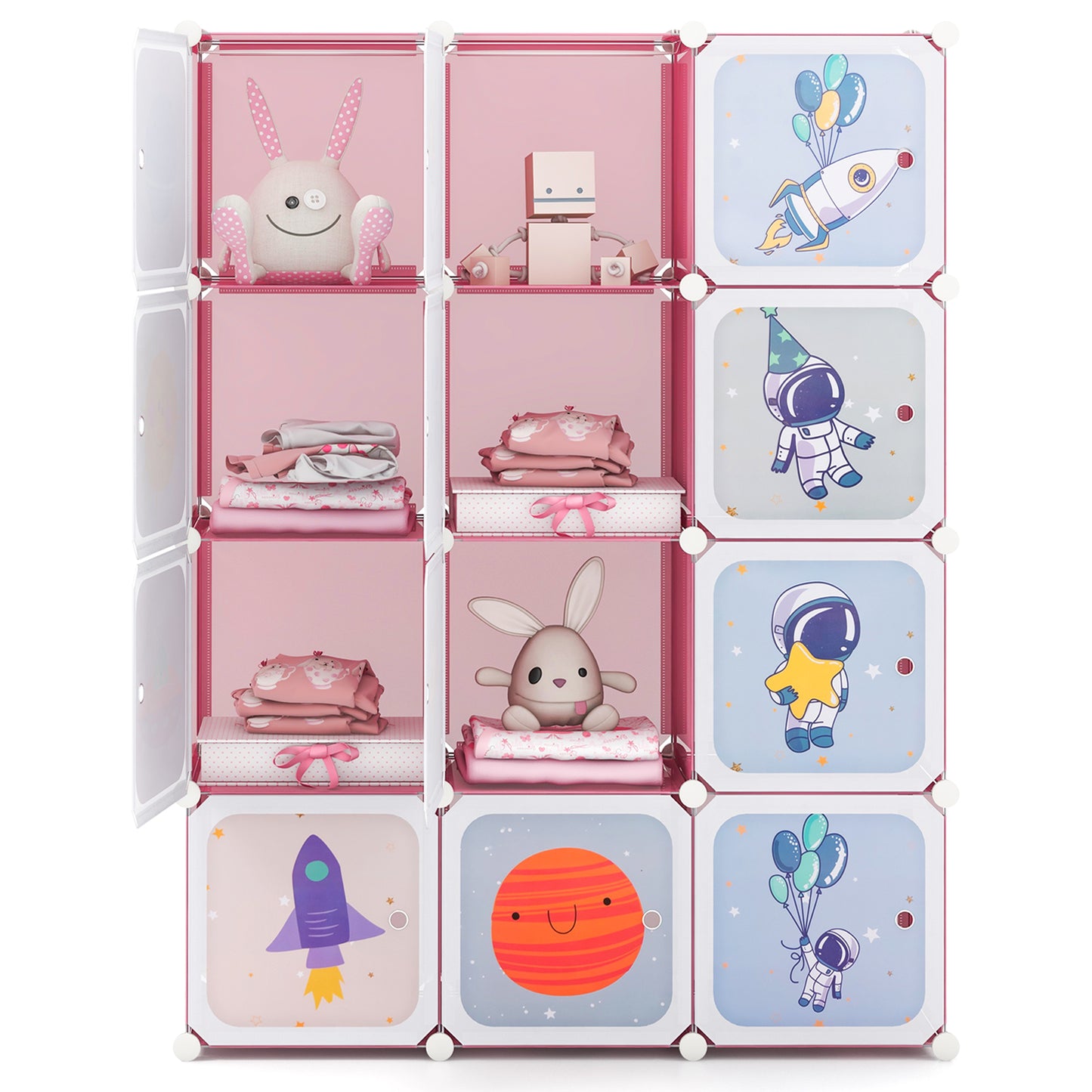 Portable Children Wardrobe with 12 Cubes and 2 Clothes Hanging Section-Pink