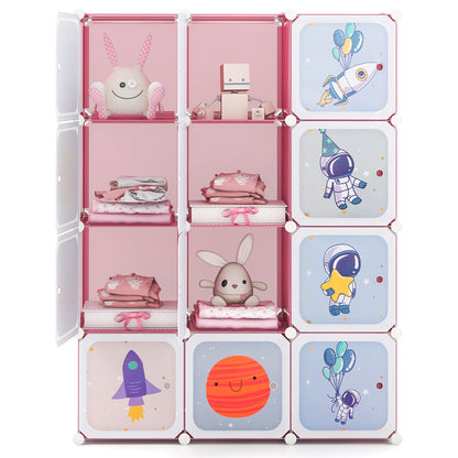 Portable Children Wardrobe with 12 Cubes and 2 Clothes Hanging Section-Pink