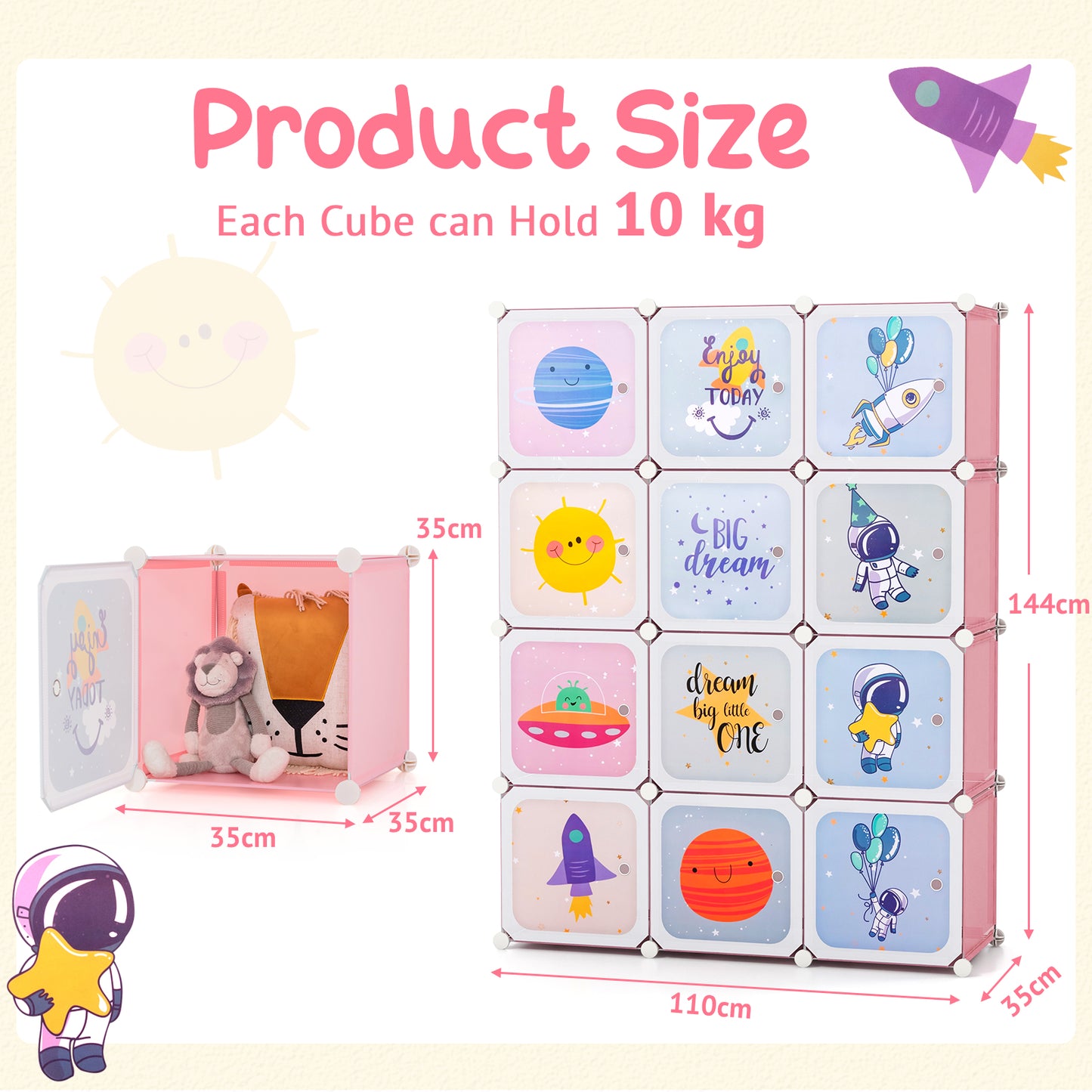 Portable Children Wardrobe with 12 Cubes and 2 Clothes Hanging Section-Pink