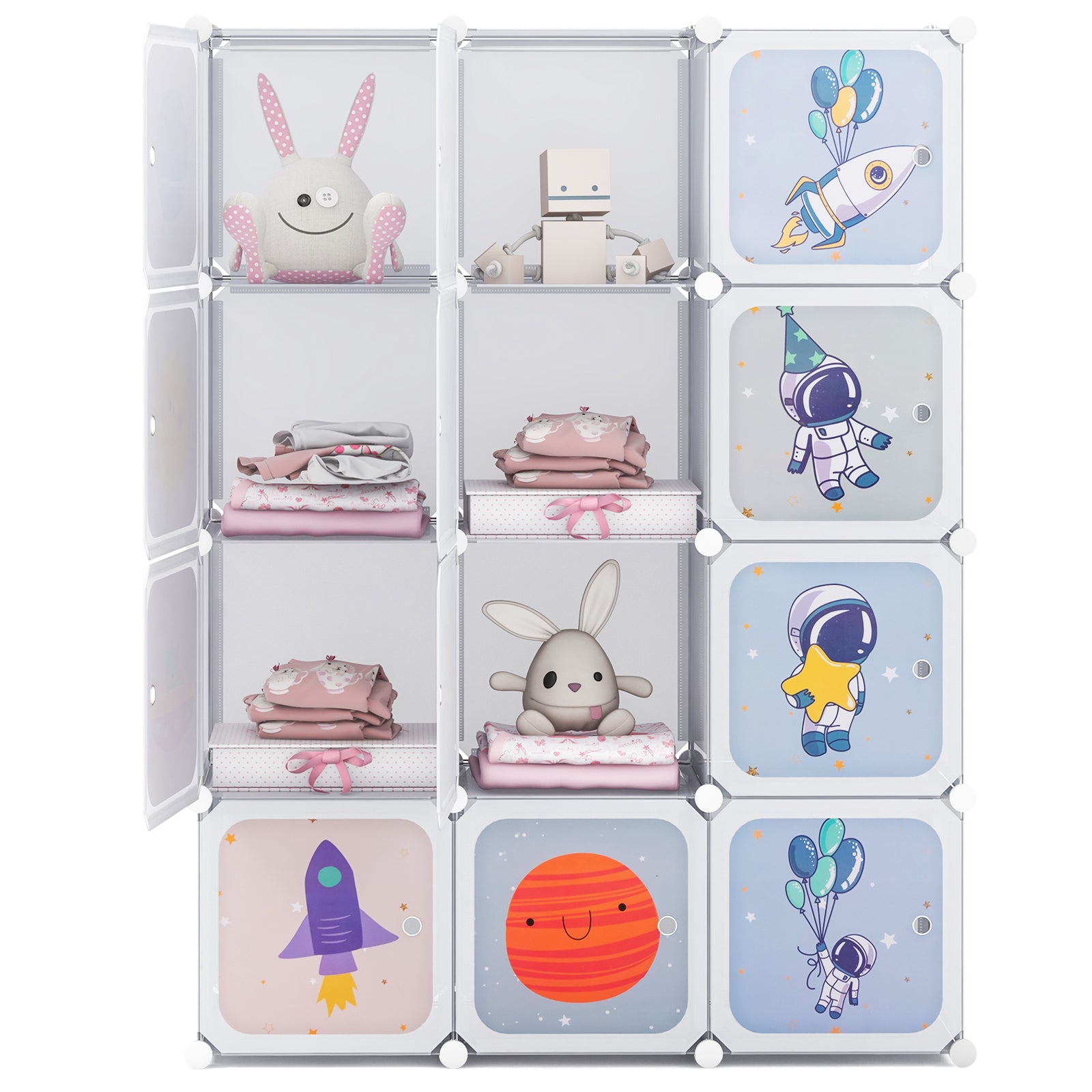 Portable Children Wardrobe with 12 Cubes and 2 Clothes Hanging Section-White