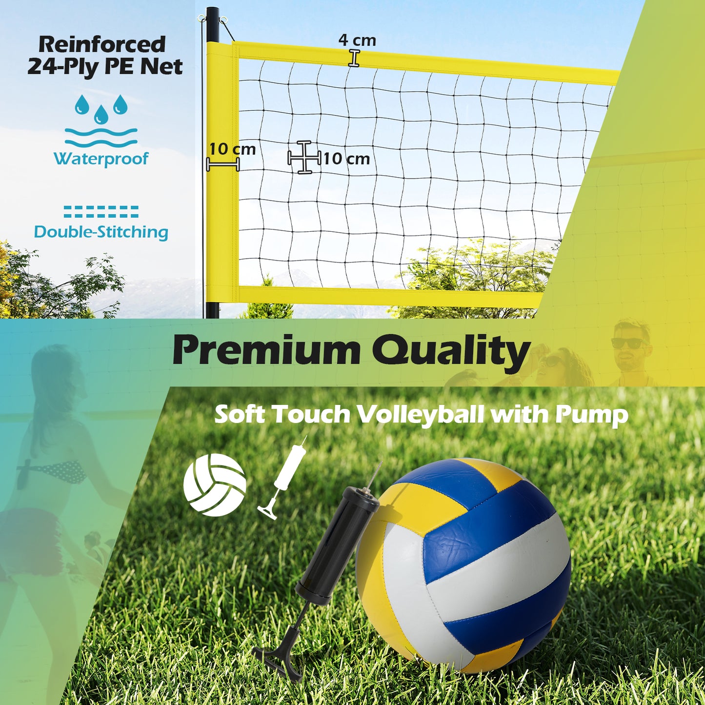 Portable Outdoor Volleyball Net Set Heavy-Duty Volleyball Net System-Yellow