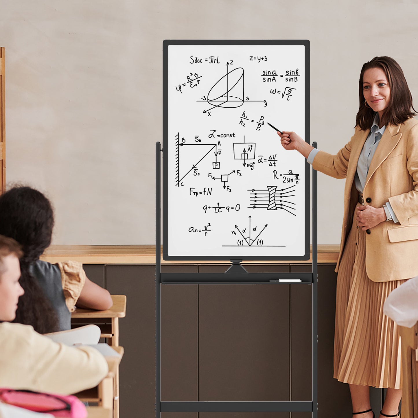 Reversible Rolling White Board with Black Markers and Board Eraser-Black-S