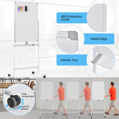 Reversible Rolling White Board with Black Markers and Board Eraser-White-S