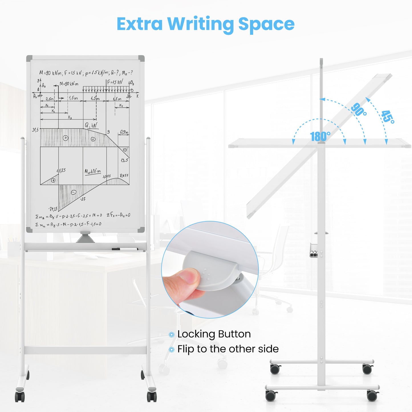 Reversible Rolling White Board with Black Markers and Board Eraser-White-S