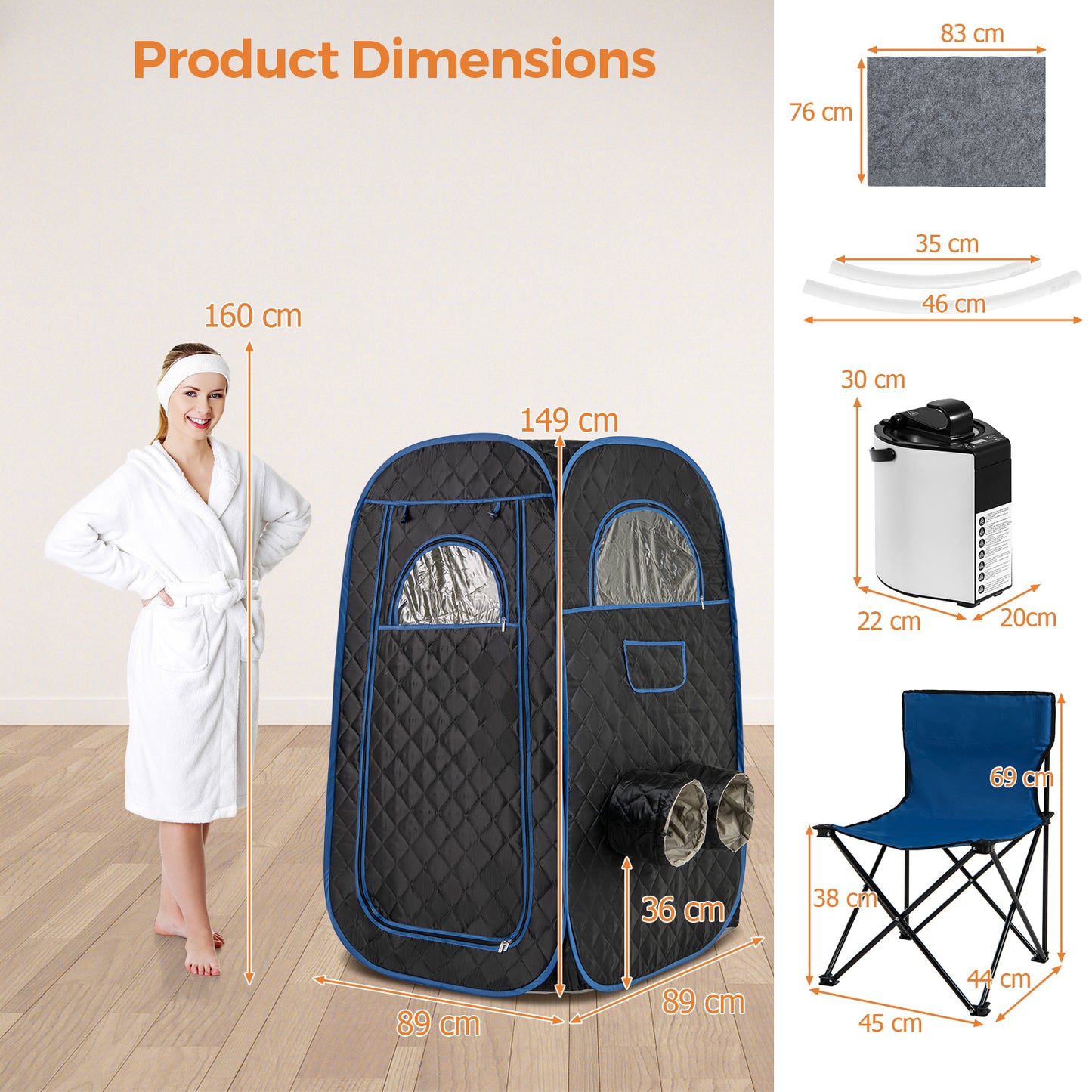 Portable Steam Sauna Tent with 1000W 3L Steam Generator and Chair-Black