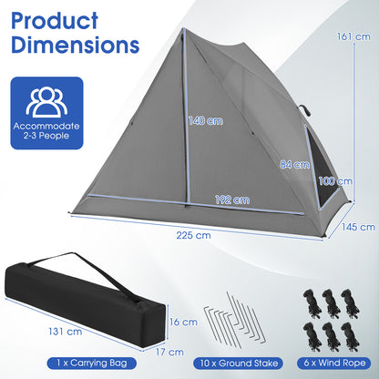 Pop-up Camping Tent with Carry Bag and Rainfly for 2-3 People-Grey