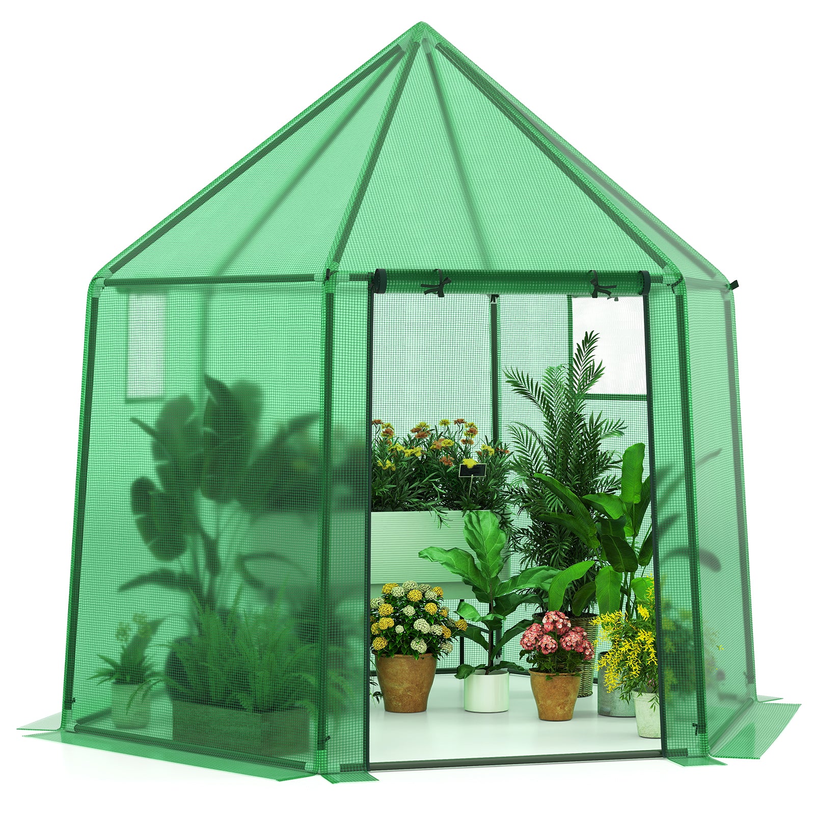 Portable Walk-in Greenhouse with PE Cover and Rustproof Metal Frame-Green