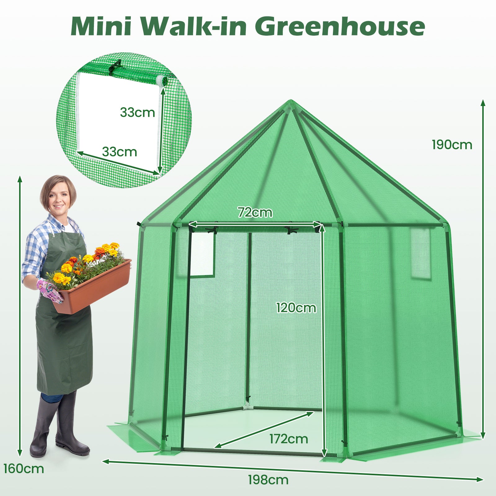 Portable Walk-in Greenhouse with PE Cover and Rustproof Metal Frame-Green