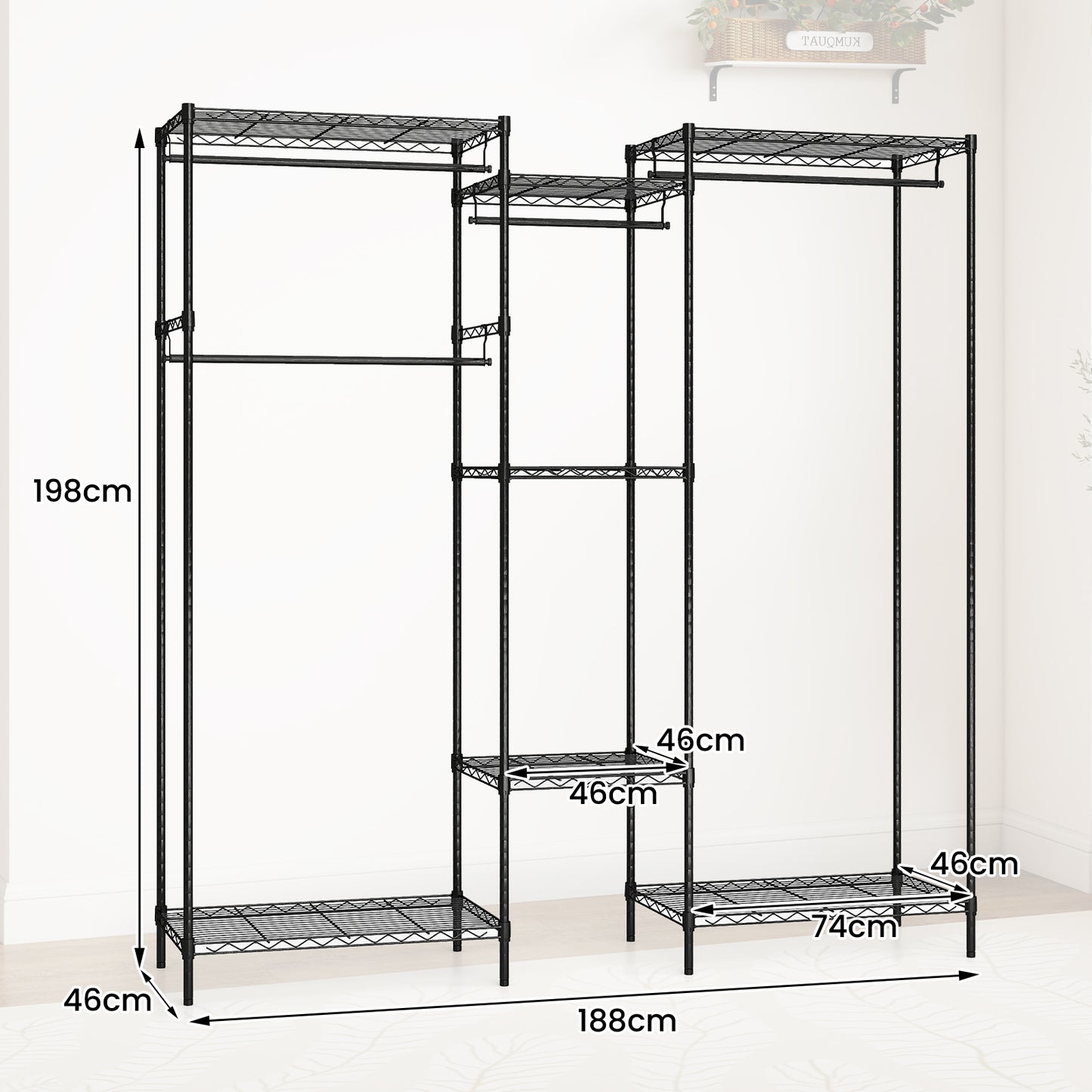 Portable Wardrobe Convertible Clothes Organizer with L-shape and Horizontal Installation-Black