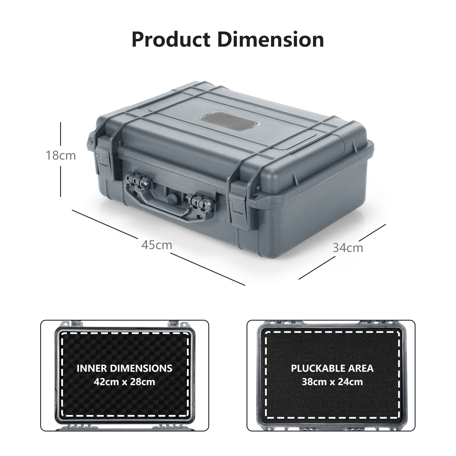 Portable Grey Waterproof Hard Case with Customizable Fit Foam-Grey-45 x 34 x 18 cm