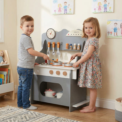 Pretend Play Toy Kitchen Set with Clock Stove Spice Rack for Aged 3+-Grey