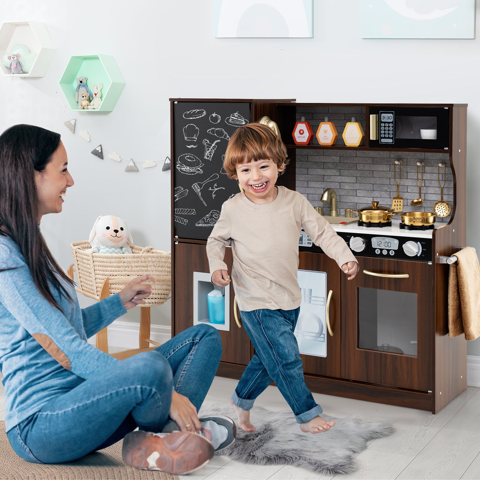 Toddler Pretend Kitchen Playset with Accessories and Simulated Sounds-Rustic Brown