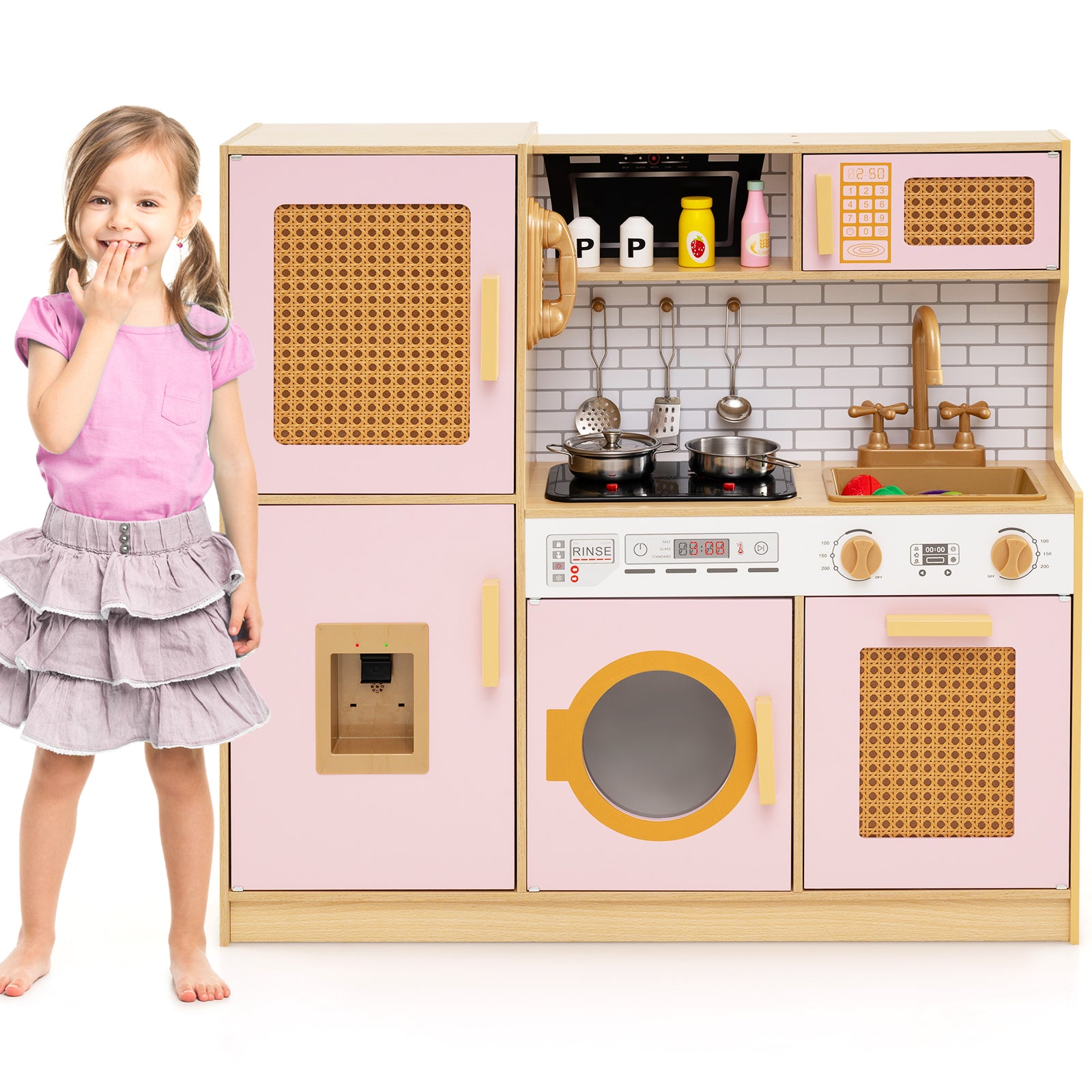 Wooden Kids Kitchen Playset with Real Sounds Lights Stove Water Dispenser-Pink