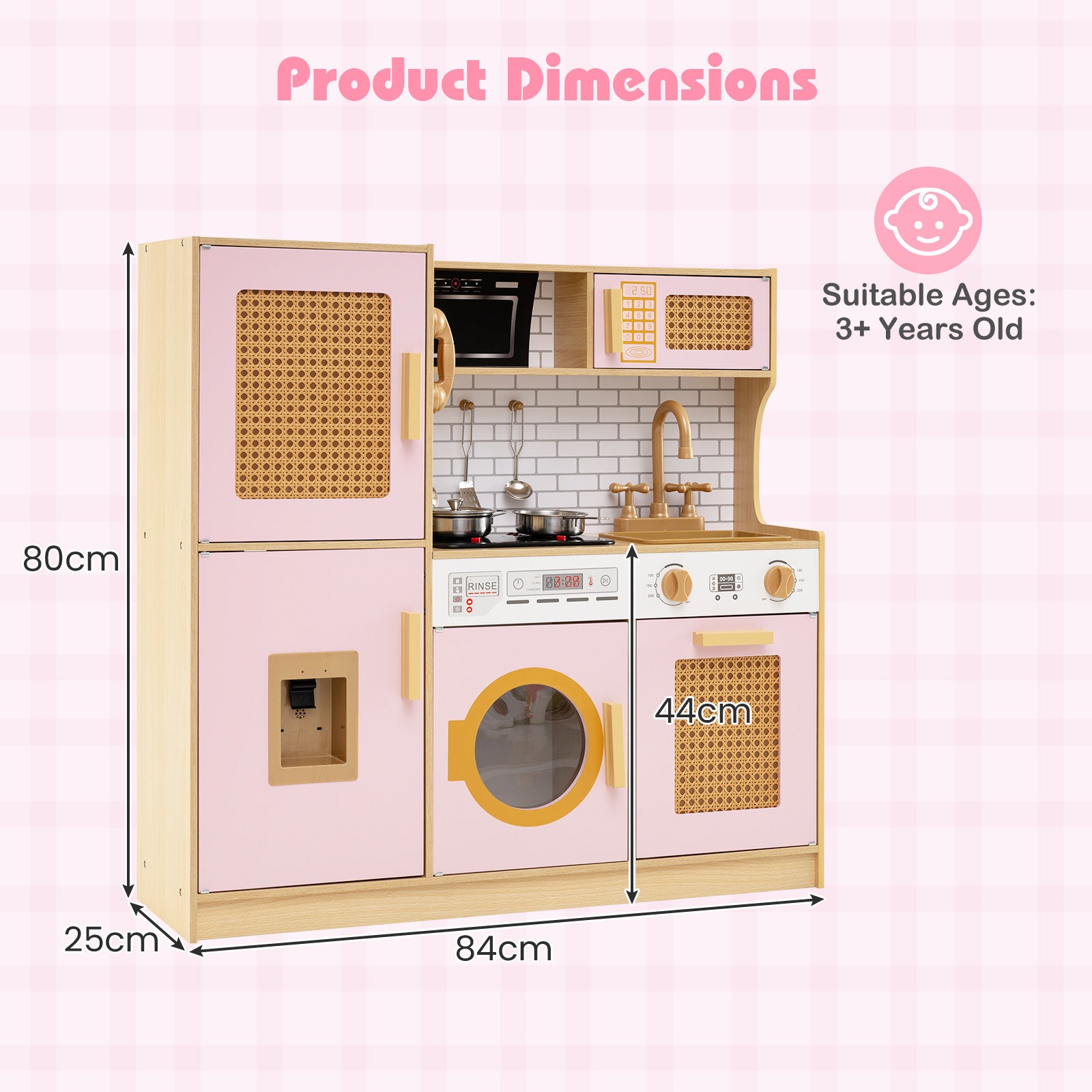 Wooden Kids Kitchen Playset with Real Sounds Lights Stove Water Dispenser-Pink