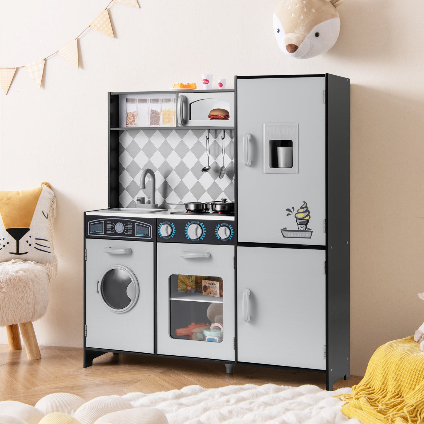 Pretend Play Kitchen with Ice Maker and Cooking Stove for Kids-Grey