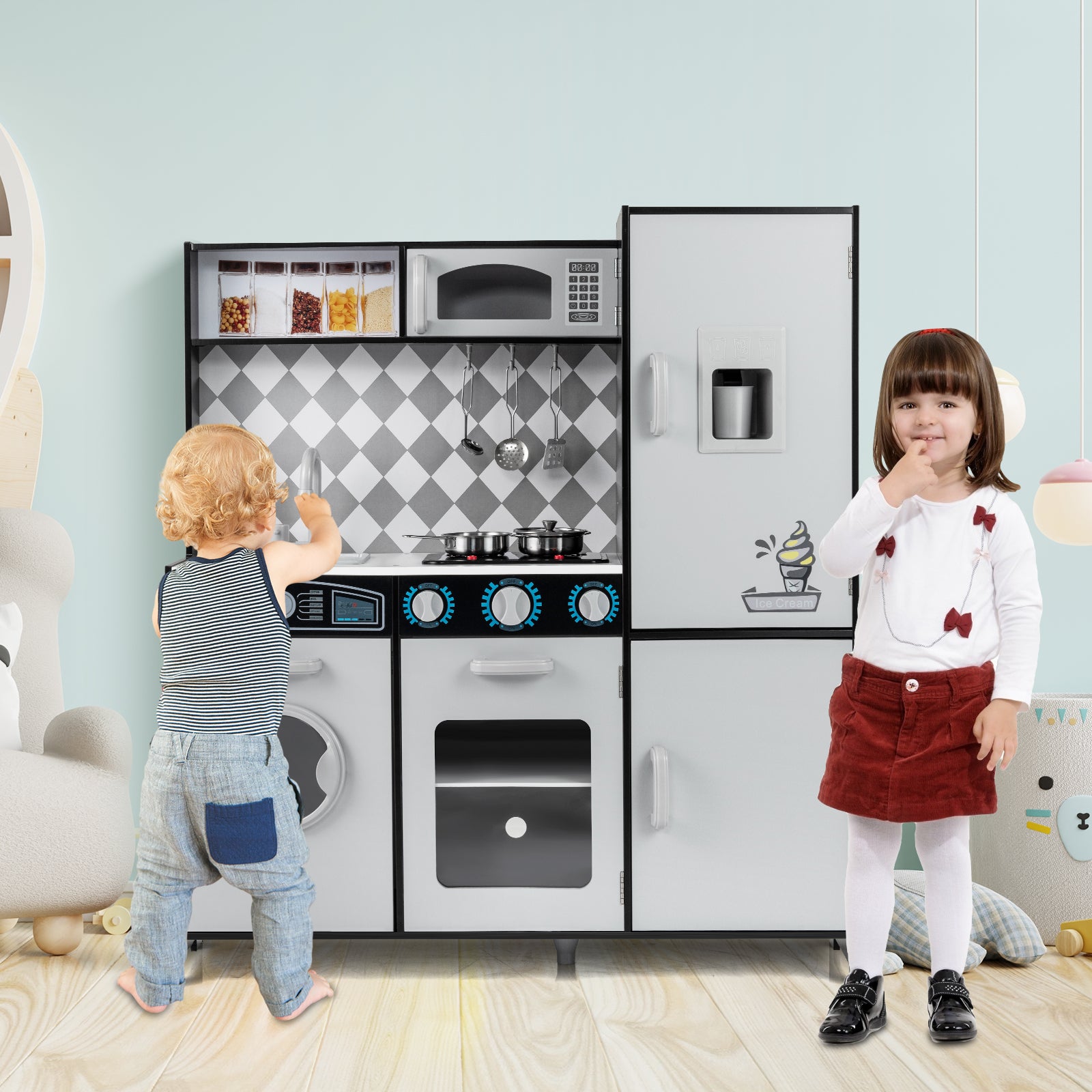 Pretend Play Kitchen with Ice Maker and Cooking Stove for Kids-Grey