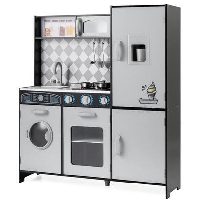 Pretend Play Kitchen with Ice Maker and Cooking Stove for Kids-Grey