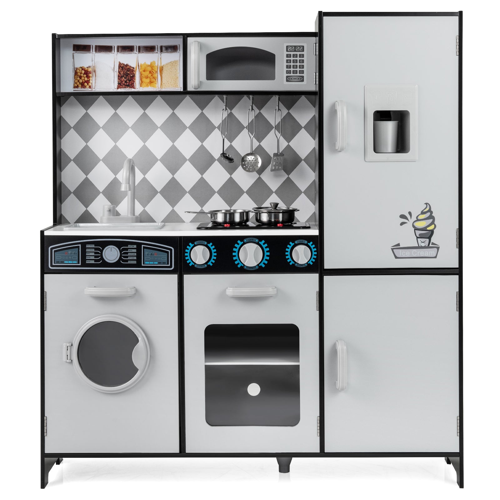 Pretend Play Kitchen with Ice Maker and Cooking Stove for Kids-Grey