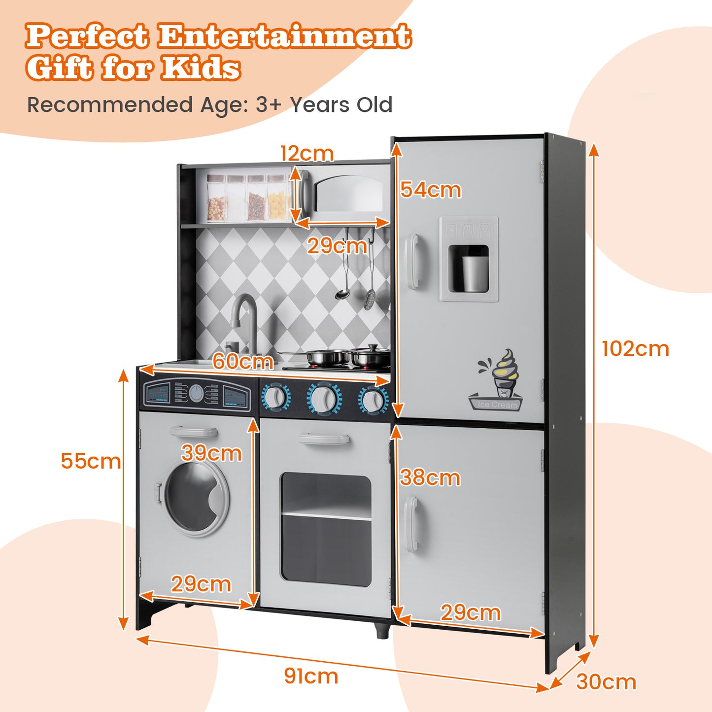 Pretend Play Kitchen with Ice Maker and Cooking Stove for Kids-Grey