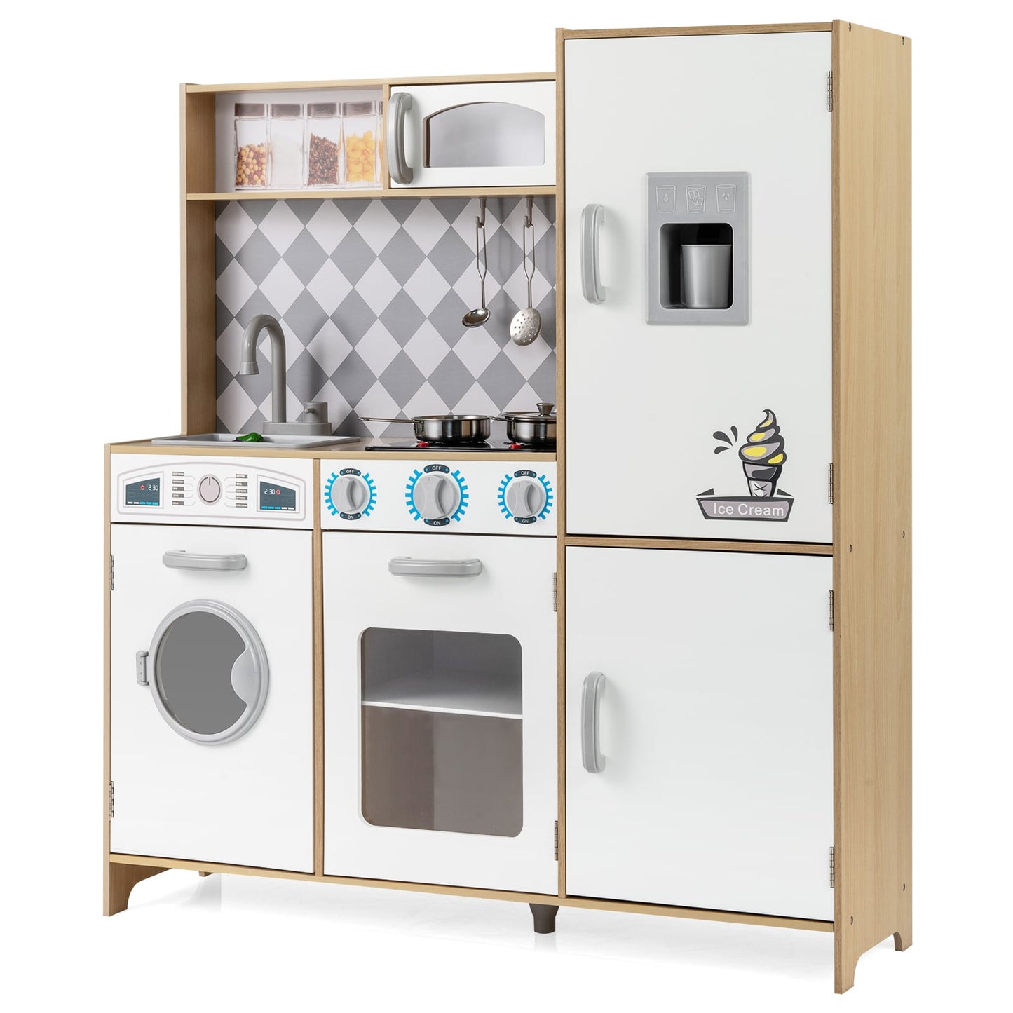 Pretend Play Kitchen with Ice Maker and Cooking Stove for Kids-Natural