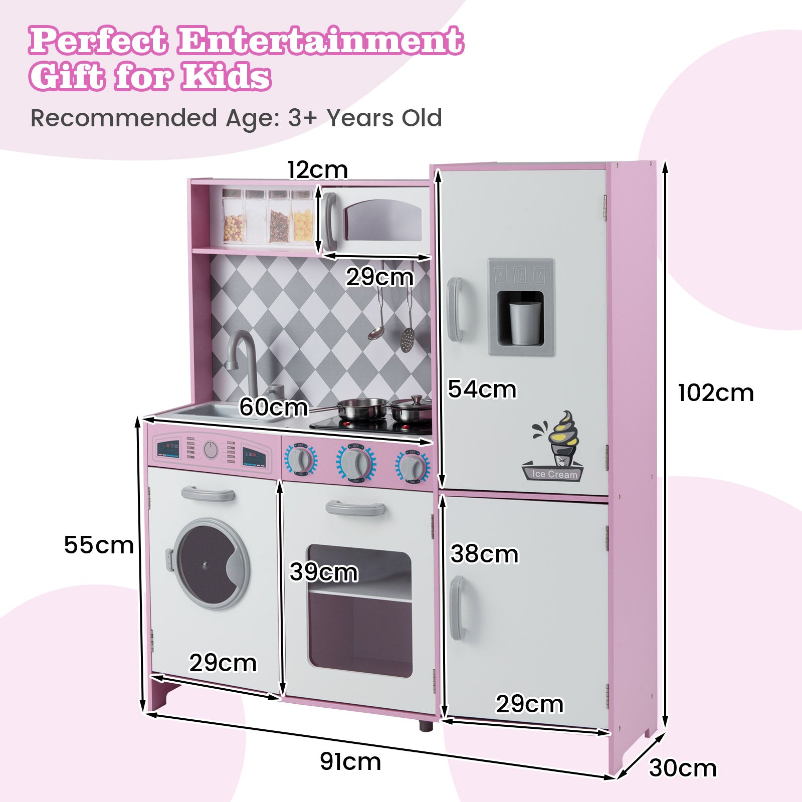 Pretend Play Kitchen with Ice Maker and Cooking Stove for Kids-Pink
