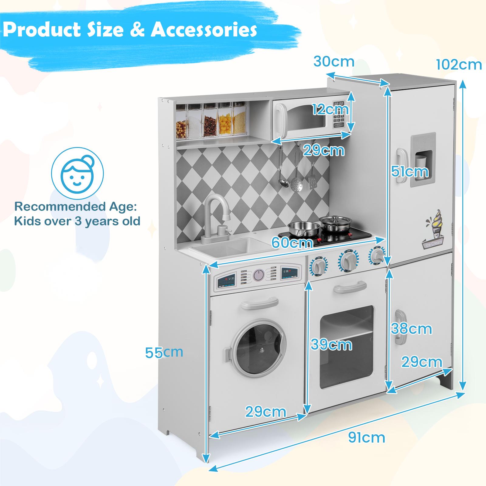 Pretend Play Kitchen with Ice Maker and Cooking Stove for Kids-White