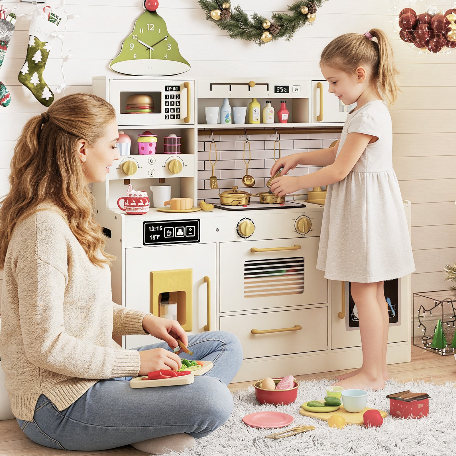 Pretend Toy Kitchen Set with Ice Dispenser and Water Dispenser-Beige