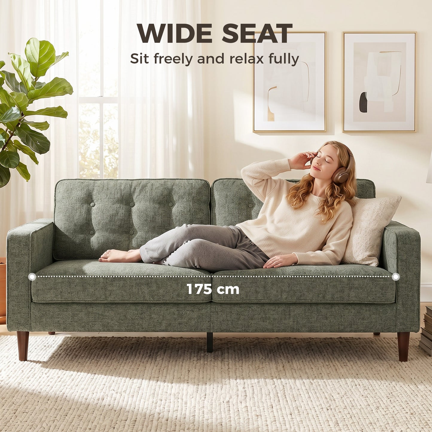 HOMCOM 3 Seater Sofa Button Tufted Upholstered Velvet Couch with Wood Legs for Living Room, Green