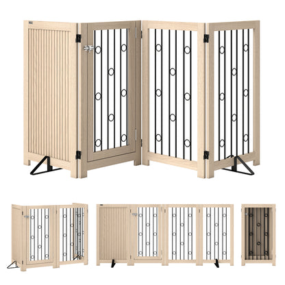 PawHut 4 Panel Freestanding Pet Gate, Indoor Dog Barrier with Lockable Door, Support Feet, 360Â° Flexible Hinges, Oak