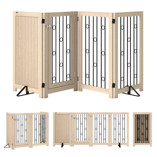 PawHut 4 Panel Freestanding Pet Gate, Indoor Dog Barrier with Lockable Door, Support Feet, 360Â° Flexible Hinges, Oak