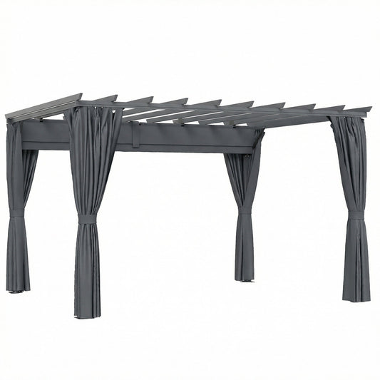 Outsunny 3.6 x 3 m Pergola with Retractable Roof Canopy, Curtains, Aluminium Garden Pergola Gazebo Sun Shade Shelter, Dark Grey