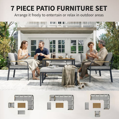 Outsunny 7 Seater Garden Furniture Set, Metal Garden Sofa Set with Cushions, Outdoor Furniture Conversation Sets, Light Grey