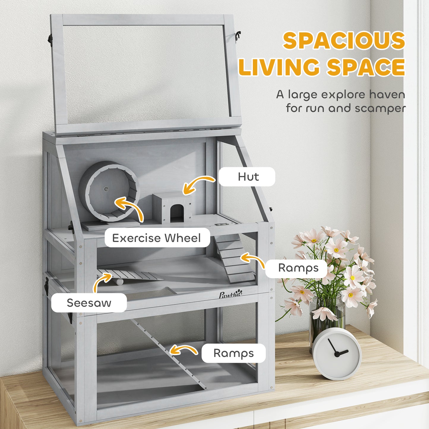 PawHut Wooden Hamster Cage with Detachable 32cm Deep Bottom, Hut, Seesaw, Exercise Wheel, Ramp, 60 x 40 x 75cm, Light Grey
