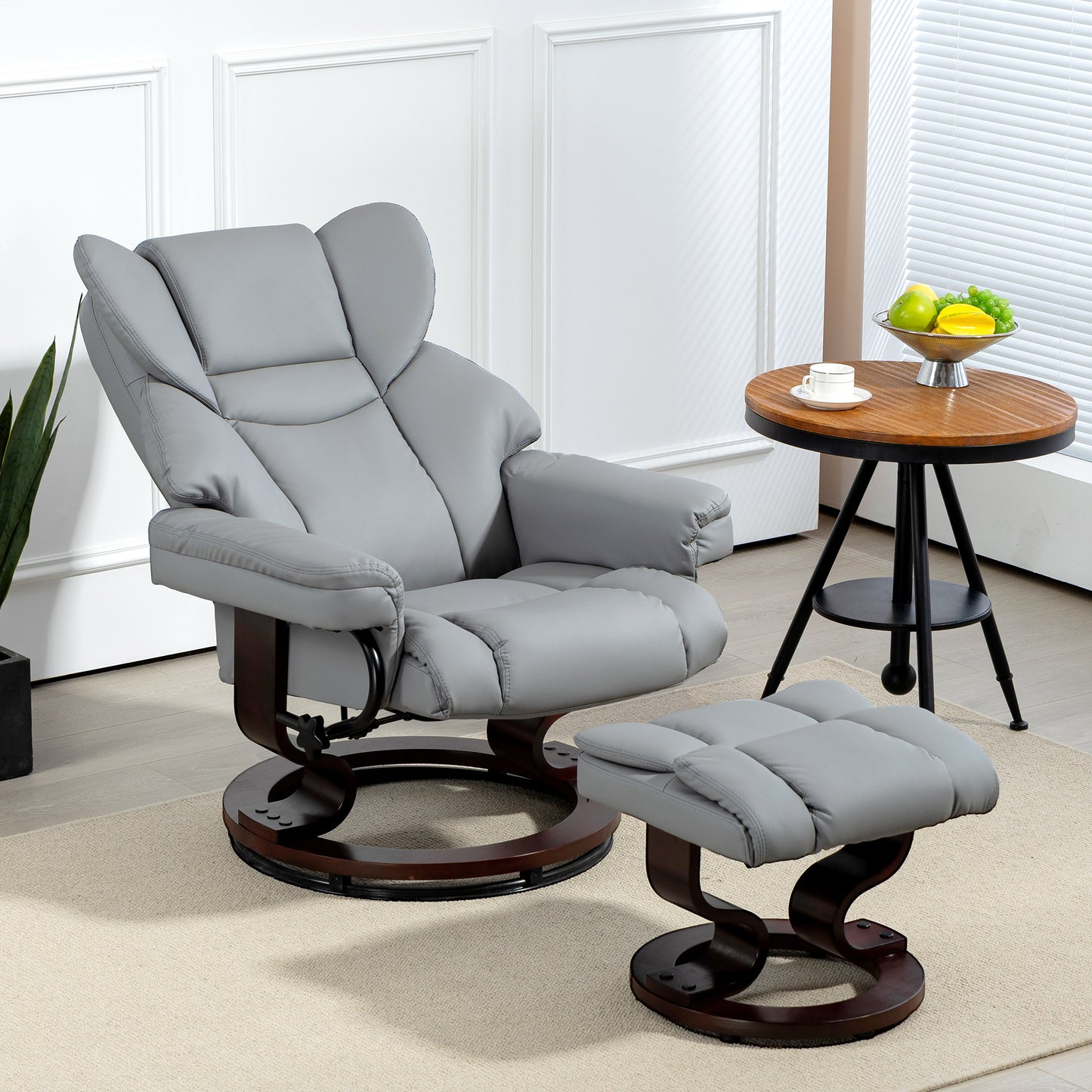 HOMCOM 360Â° Swivel Recliner Chair with Footstool, PU Leather Manual Recliner Armchair with Footstool, Solid Wood Base, Upholstered Reclining Chair for Living Room, Bedroom, Office, Light Grey