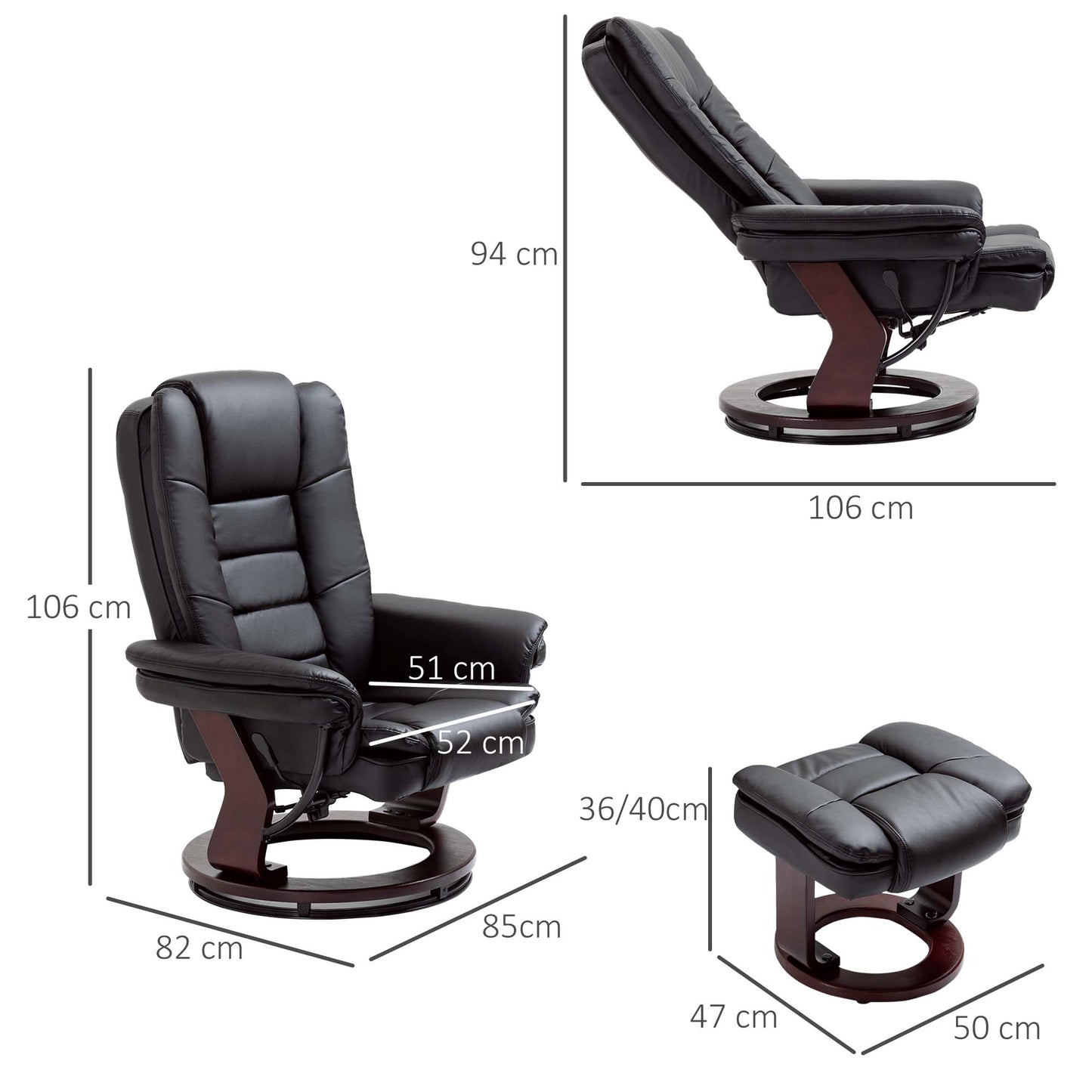 HOMCOM Recliner Chair With footstool, Recliner Armchair up to 130kg Weight Capacity, 135Â° Reclining Swivel Sofa Chair, PU Leather Ergonomic Couch Bed with Swivel Wood Base for Living Room, Black
