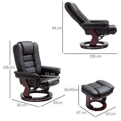 HOMCOM Recliner Chair With footstool, Recliner Armchair up to 130kg Weight Capacity, 135Â° Reclining Swivel Sofa Chair, PU Leather Ergonomic Couch Bed with Swivel Wood Base for Living Room, Black