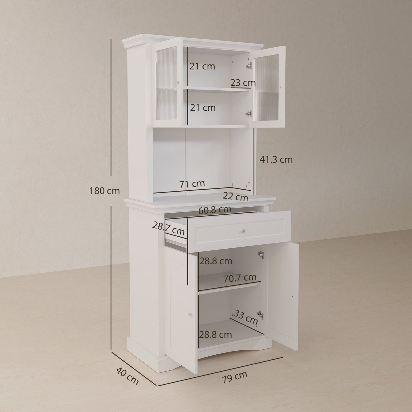 HOMCOM 4-Door Kitchen Cupboard with Drawer, Freestanding Kitchen Cabinet with Glass Doors, Adjustable Shelves and Open Counter, White