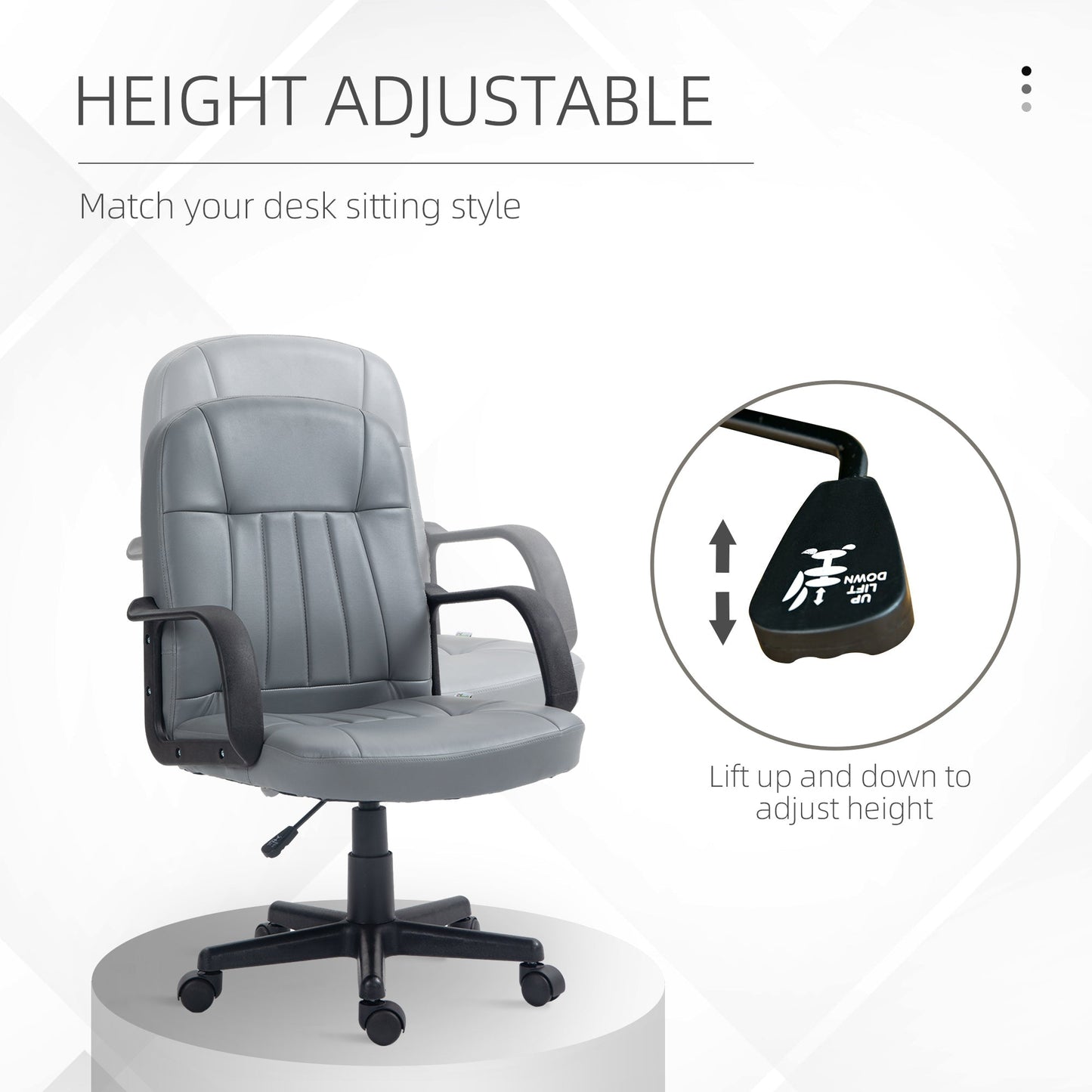 HOMCOM Office Chair, PU Leather Computer Desk Chair with Adjustable Height, Swivel Wheels for Home Office Work Study, Grey