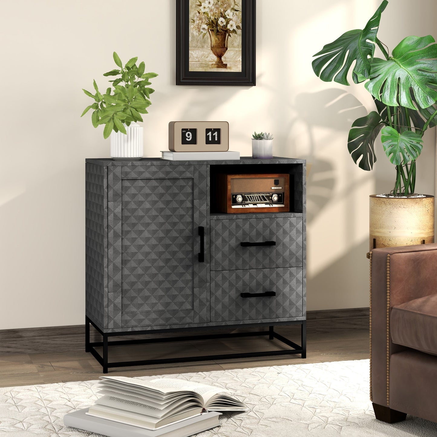HOMCOM Sideboard with Adjustable Shelf, Freestanding Sideboard Storage Cabinet with Open Compartment and 2 Drawers, Grey