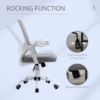 Vinsetto Home Office Chair and Computer Desk Set, Mesh Chair with with 90 Flip-up Armrest, Study Desk with Keyboard Tray and Drawer, White and Grey