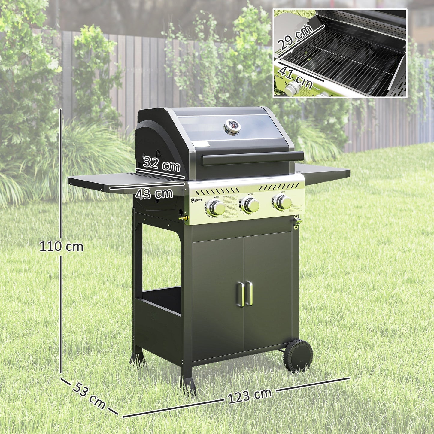 Outsunny 7.5kW Three-Burner Gas BBQ Grill, with See-Through Lid - Black
