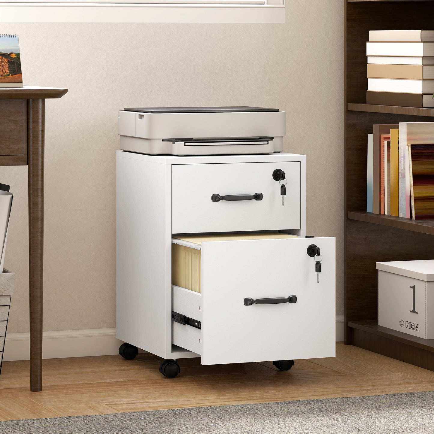 HOMCOM Rolling File Cabinet with 2 Drawers, Mobile Filing Cabinet with Hanging File Folder for Letter Sized Documents, White